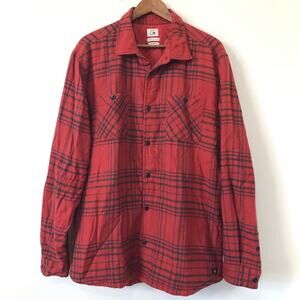 Quiksilver Quilted Flannel Jacket Button Up Red Plaid 100% Cotton Tag XXL Fit XL